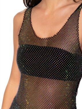AKIRA FESTIVAL Sexy Black Beaded Rhinestone Mesh V Neck Long Top or Dress 👀 read